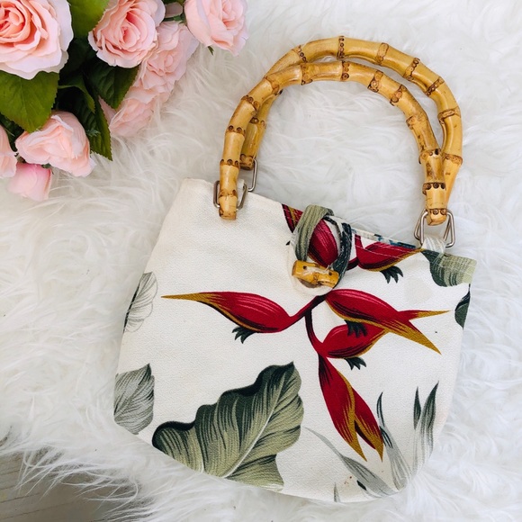 Vintage Handbags - VINTAGE TROPICAL PALM HIBISCUS BAMBOO HANDBAG